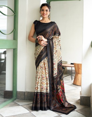 Samah Printed Bandhani Silk Blend Saree(Beige, Black, Multicolor)