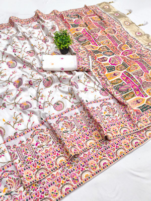 PALLUPOCKET Woven Kanjivaram Jacquard Saree(White)