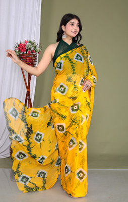 HouseOfCommon Checkered, Geometric Print, Self Design, Embellished, Printed Bandhani Chiffon Saree(Yellow)