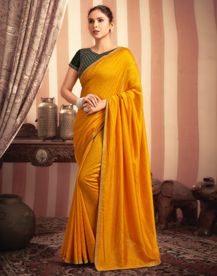 Samah Solid/Plain Bollywood Silk Blend Saree(Mustard)