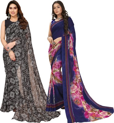 kashvi sarees Floral Print, Polka Print, Ombre, Printed Bollywood Georgette Saree(Pack of 2, Dark Blue, Pink, Black)