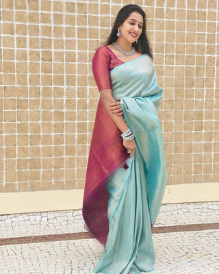 hitesh pahuja Woven Banarasi Pure Silk Saree(Light Blue, Maroon)