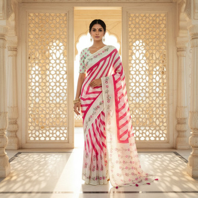 Hema Silk Mills Digital Print, Floral Print Bollywood Linen Saree(White)