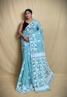 SPFashion Self Design, Woven Jamdani Cotton Silk Saree(Light Blue)