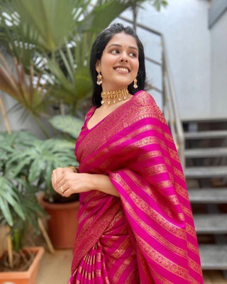 VISVASTA Printed Bollywood Jacquard, Cotton Silk Saree(Pink)