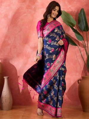 Sangria Self Design Saree with Attached Blouse Silk Blend Saree(Dark Blue)