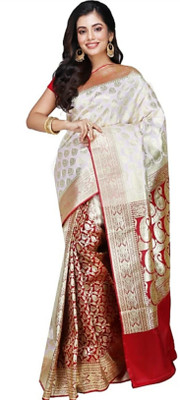 Dulhan Collection Woven Banarasi Jacquard Saree(White, Maroon)