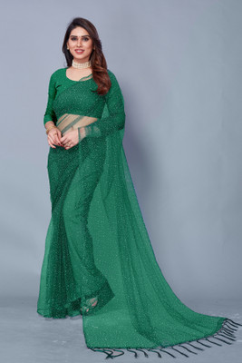 TEXROK Printed Daily Wear Net Saree(Dark Green)