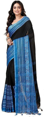 ANAMIKA Store Printed Handloom Cotton Blend Saree(Black, Blue)