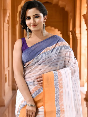 TANTLOOM Striped Handloom Pure Cotton Saree(Blue, Orange)