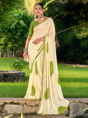 Pandadi Saree Printed Bollywood Chiffon Saree(Cream, Light Green)