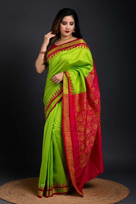 Sijileen Temple Border, Solid/Plain Sambalpuri Silk Blend Saree(Light Green)