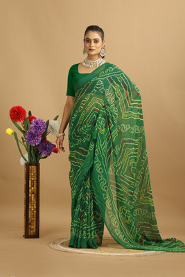 Damru trendz Digital Print Bandhani Georgette Saree(Green)