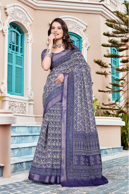 PHEASANT Digital Print Bollywood Cotton Linen Saree(Dark Blue)