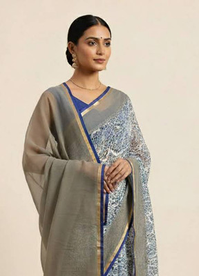 Anugrah Textile Embroidered Banarasi Lycra Blend, Chiffon Saree(Grey, Blue)