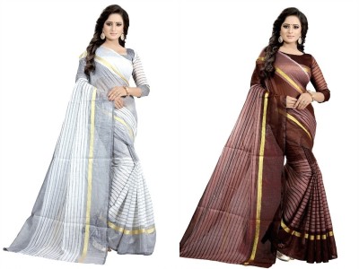 Saadhvi Striped Kanjivaram Cotton Blend Saree(Pack of 2, White)