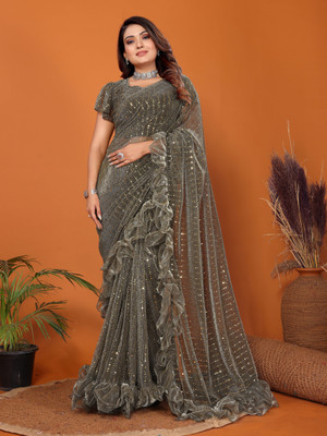 AKFABRICS Self Design Bollywood Net Saree(Grey)