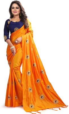 Fashion Day Embroidered, Solid/Plain Bollywood Art Silk Saree(Orange)
