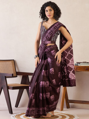 Tasrika Printed Pre Draped Saree Cotton Blend Saree(Maroon)