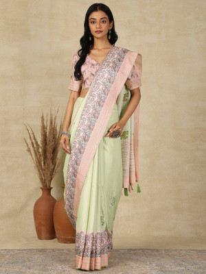 Sareemall Printed Banarasi Silk Blend Saree(Light Green)