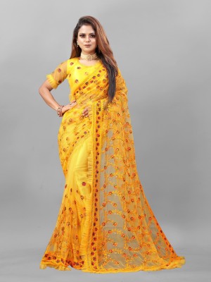 Julee Embroidered Bollywood Net Saree(Yellow)