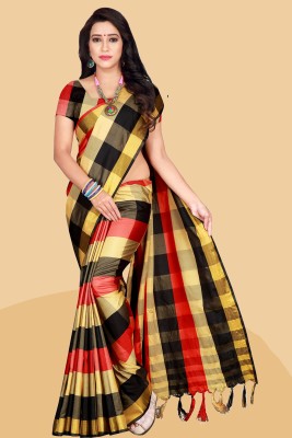 ASMYRA Color Block Daily Wear Cotton Silk Saree(Black, Yellow)