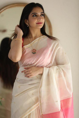 ZILVIRA Self Design, Woven Bollywood Cotton Linen, Cotton Jute Saree(White)