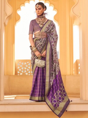 ANOUK Printed Banarasi Silk Blend Saree(Purple, Beige)