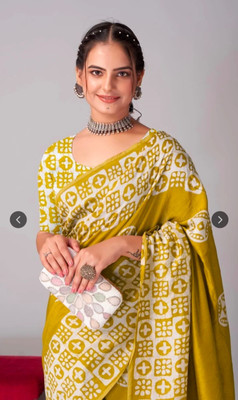 kiaan fashion Printed, Blocked Printed Daily Wear Pure Cotton Saree(Yellow)