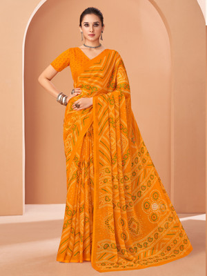 SainiVastra Printed Bandhani Chiffon Saree(Yellow)
