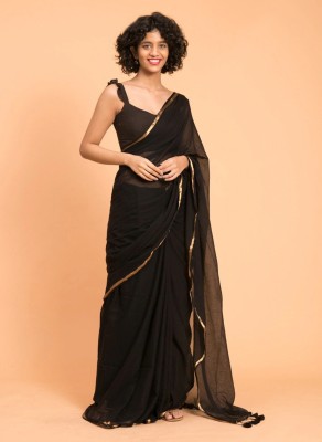 V And V Shop Solid/Plain Daily Wear Chiffon Saree(Black)