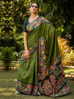 Anouk Rustic Printed Hand Batik Cotton Blend Saree(Green)