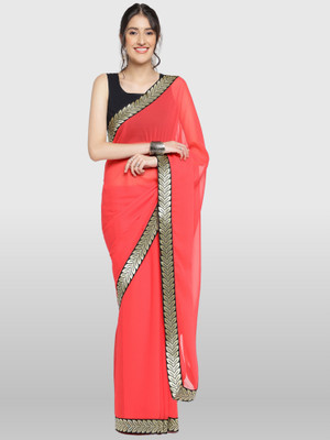 The Textile Hub Solid/Plain Bollywood Georgette Saree(Red, White)