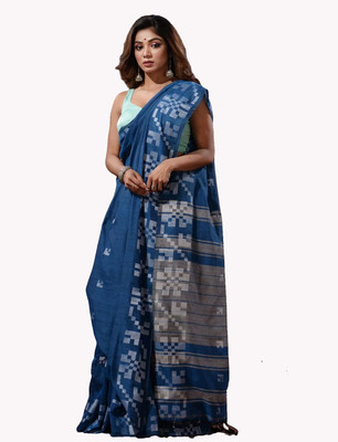 HouseOfCommon Woven Handloom Cotton Linen Saree(Light Blue)