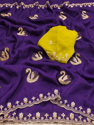 ShopGlobal Embroidered Chinnalapattu Chiffon, Silk Blend Saree(Purple)