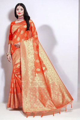 Pikham Self Design Banarasi Art Silk Saree(Orange)
