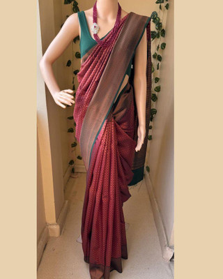 ROOP LAVANYA Woven Kanjivaram Cotton Linen, Jacquard Saree(Maroon, Dark Green)