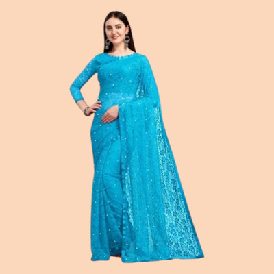 nexxxa Self Design Bollywood Net Saree(Blue)
