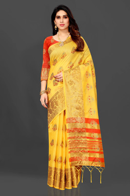 MAANVIT Self Design Kanjivaram Pure Cotton, Cotton Silk Saree(Red, Yellow)