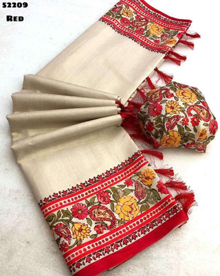 Lyrox Fashion Floral Print, Printed, Solid/Plain Daily Wear Silk Blend Saree(Cream)