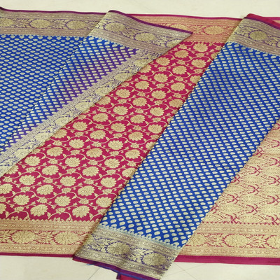 HouseOfCommon Woven Banarasi Handloom Silk Blend Saree(Dark Blue)