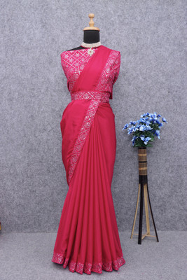Pionex Solid/Plain, Embroidered Bollywood Chiffon, Silk Blend Saree(Pink)
