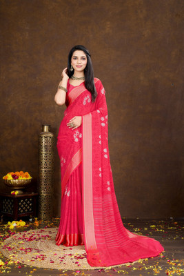 RekhaManiyar Printed Saree with Attached Blouse Chiffon Saree(Pink)