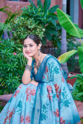 Vinayak Textile Printed Bollywood Linen Saree(Light Blue)