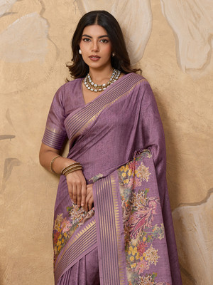 Tasrika Printed, Woven Ikkat Tussar Silk Saree(Purple)