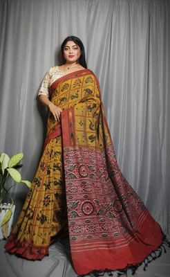 Joyguru Textile Printed Sambalpuri Cotton Blend Saree(Yellow)