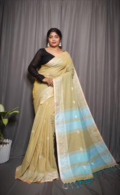 Rnn Saree Embroidered Handloom Pure Cotton Saree(Yellow)