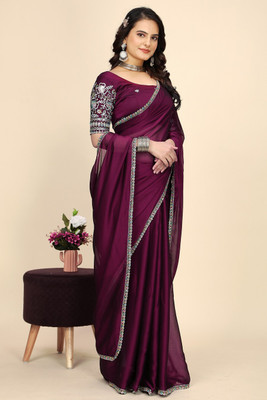 SAADHYA CREATION Embroidered, Solid/Plain Bollywood Chiffon Saree(Purple)