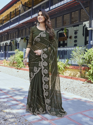 NIRMOHIFASHION Embroidered Bollywood Organza, Georgette Saree(Dark Green)