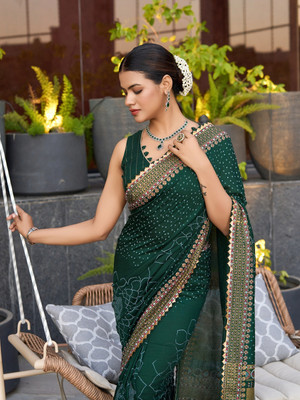 SUDIPTA Printed, Woven Bandhani Cotton Silk Saree(Dark Green)